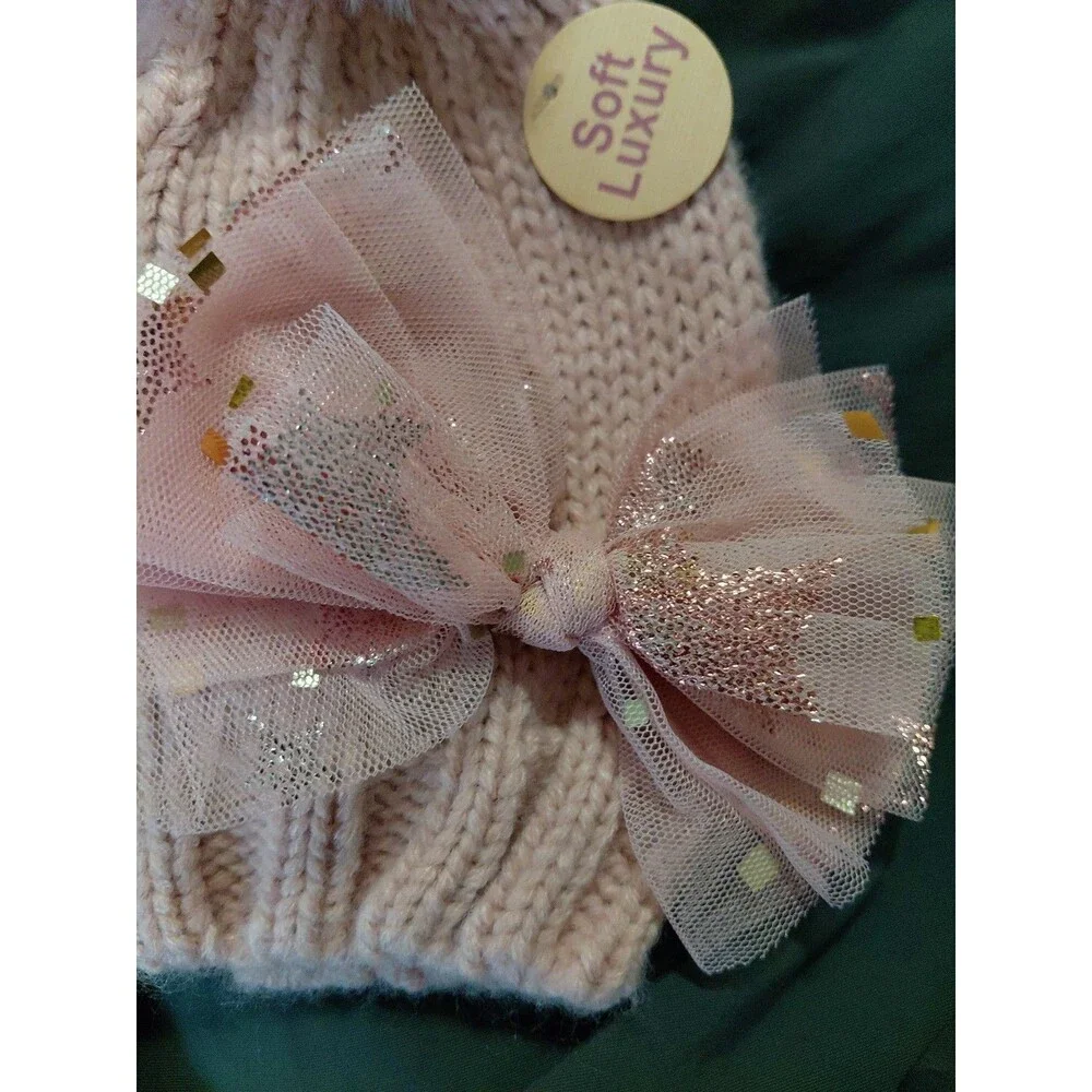 Toddler WINTER HAT, PINK, Metallic Bow,Faux Fur Puff, Winter , Toddler NEW